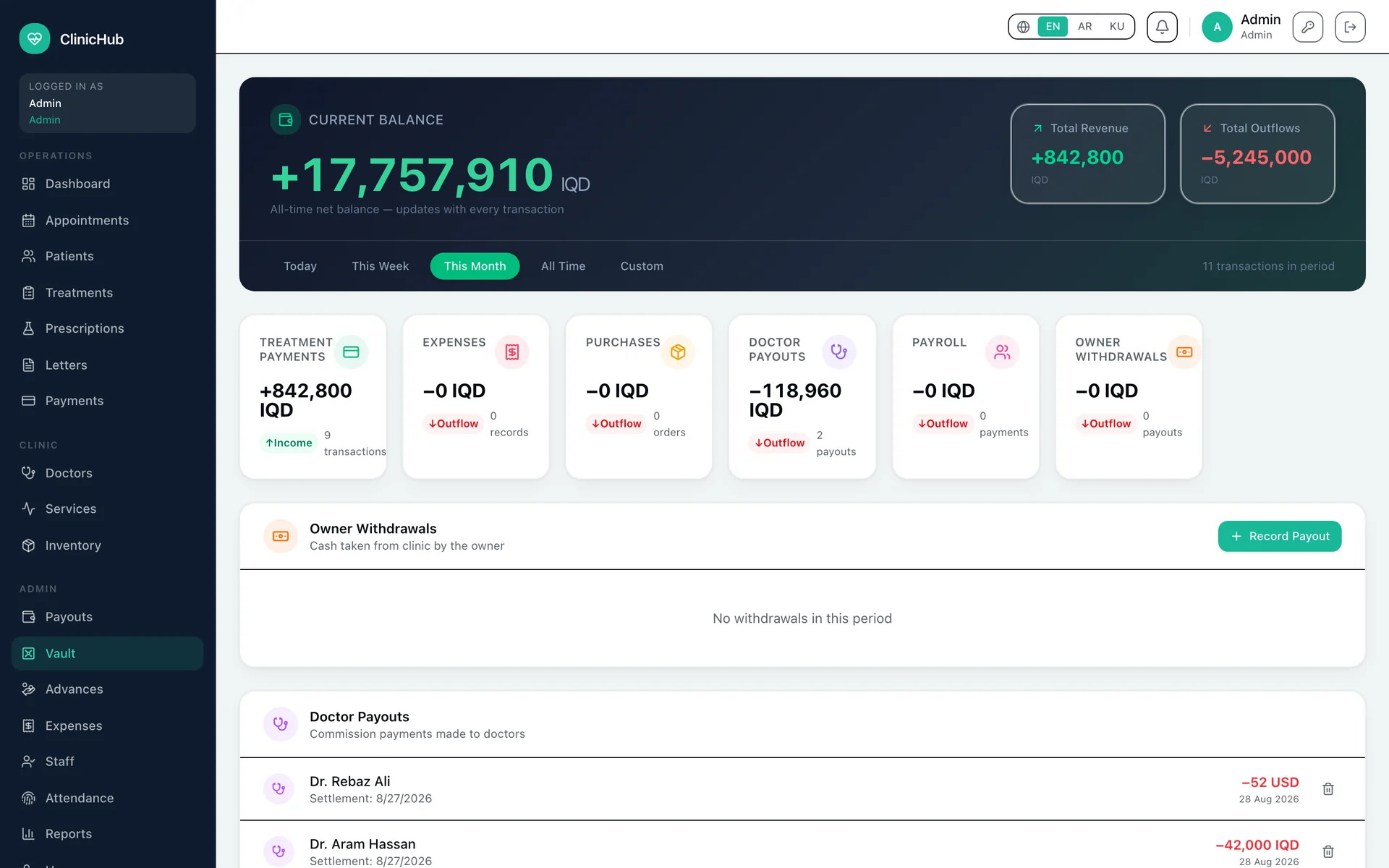 Vault balance with payments, expenses, payouts, and payroll