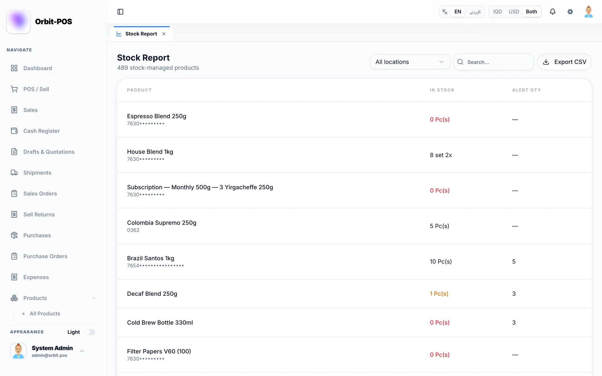 Stock report per product and location with low stock highlighted