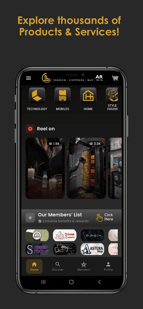 Electron Bazaar app with reels and members' list