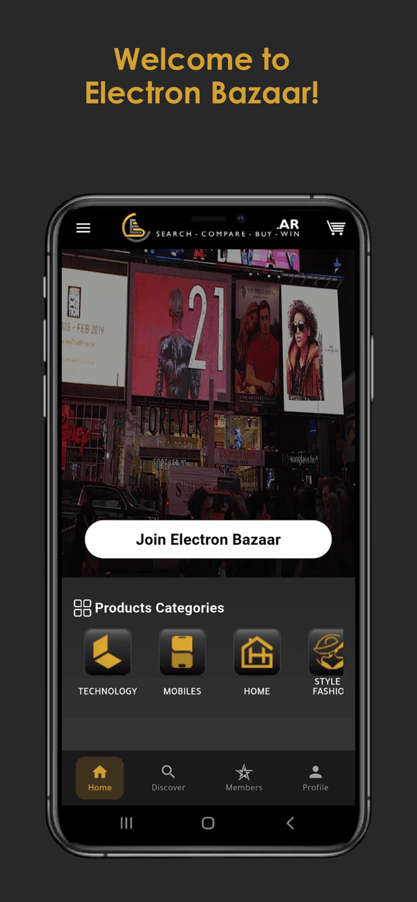 Electron Bazaar app home with categories