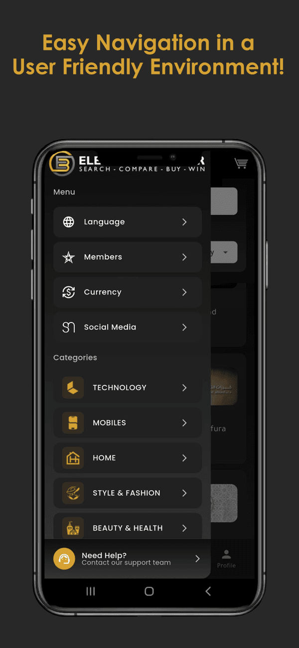 Electron Bazaar app menu with language, currency, and categories