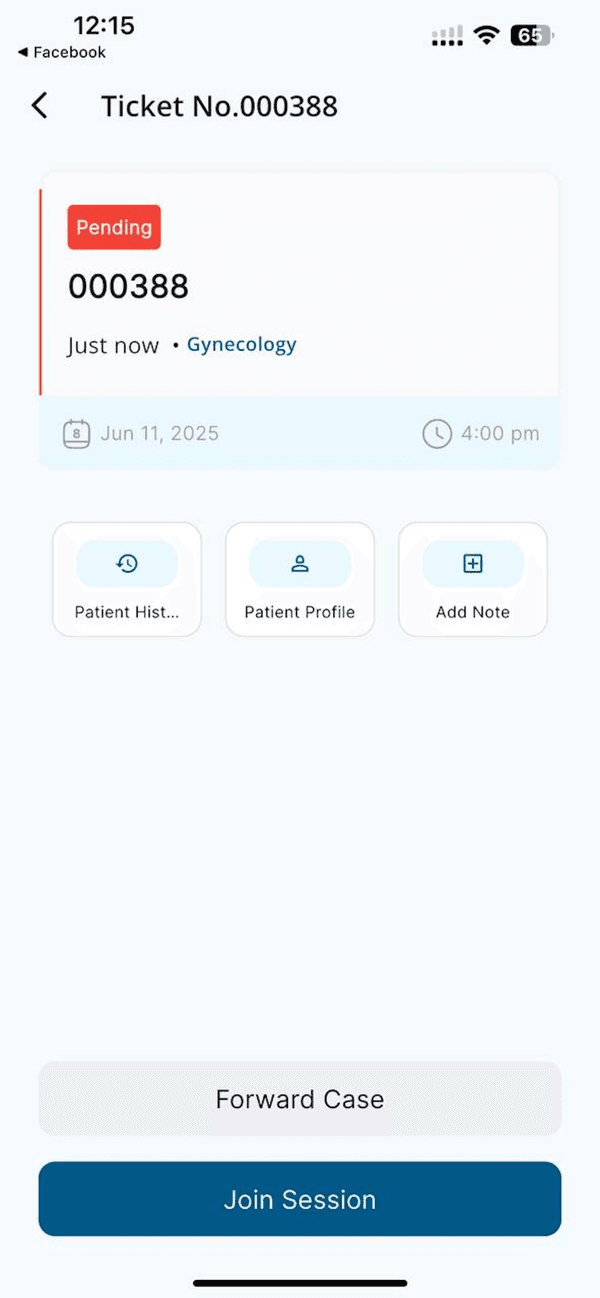 Doctor app case with patient history, notes, forward case, and join session